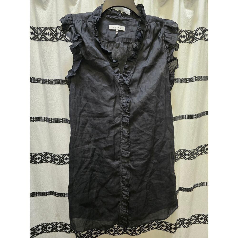 Frame black sheer Lauren ramie button down ruffle lined shirt dress size‎ small